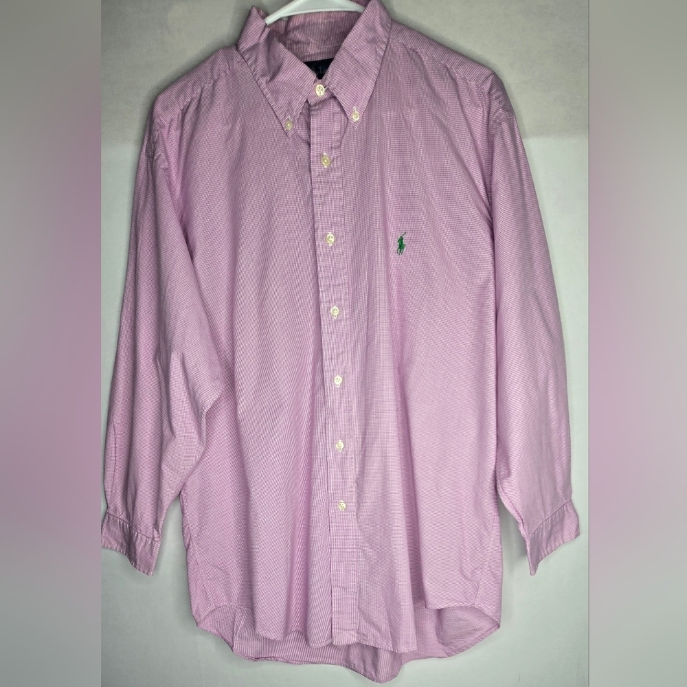 Ralph Lauren Dress Shirt Men 16.5 32/33 Purple Gingham Long Sleeve Green Pony - Picture 2 of 6